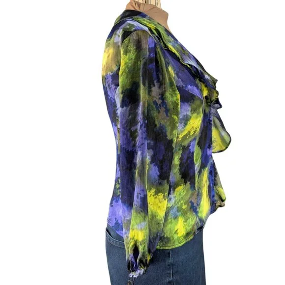 SOLD Lauren Ralph Lauren Wmns Large Long Sleeve Ruffle Watercolor Button Blouse - Picture 3 of 8